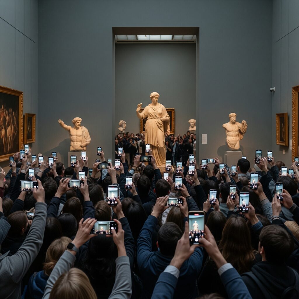 a group of people taking pictures of a statue