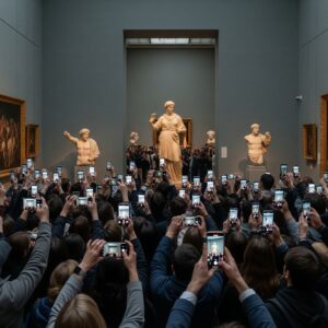 a group of people taking pictures of a statue