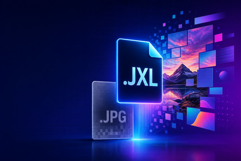 Copertina dell’articolo su JPEG XL, su sfondo blu e viola